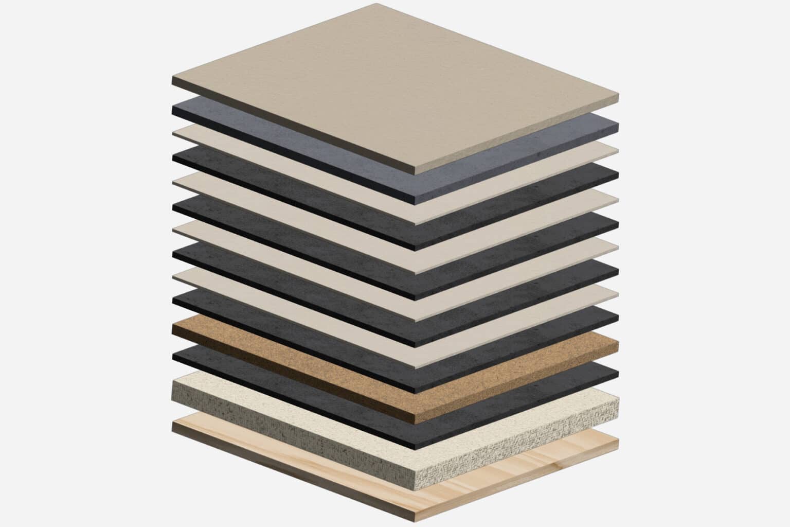 Stacks of materials in a diagram of a built-up flat roofing system.