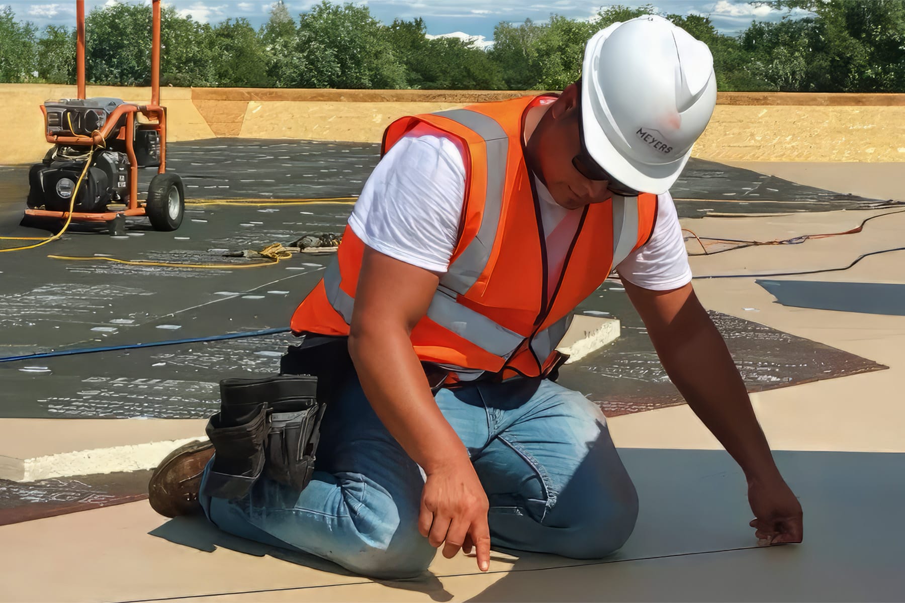 Flat roofing company crew member makes a chalk line on a flat roof.