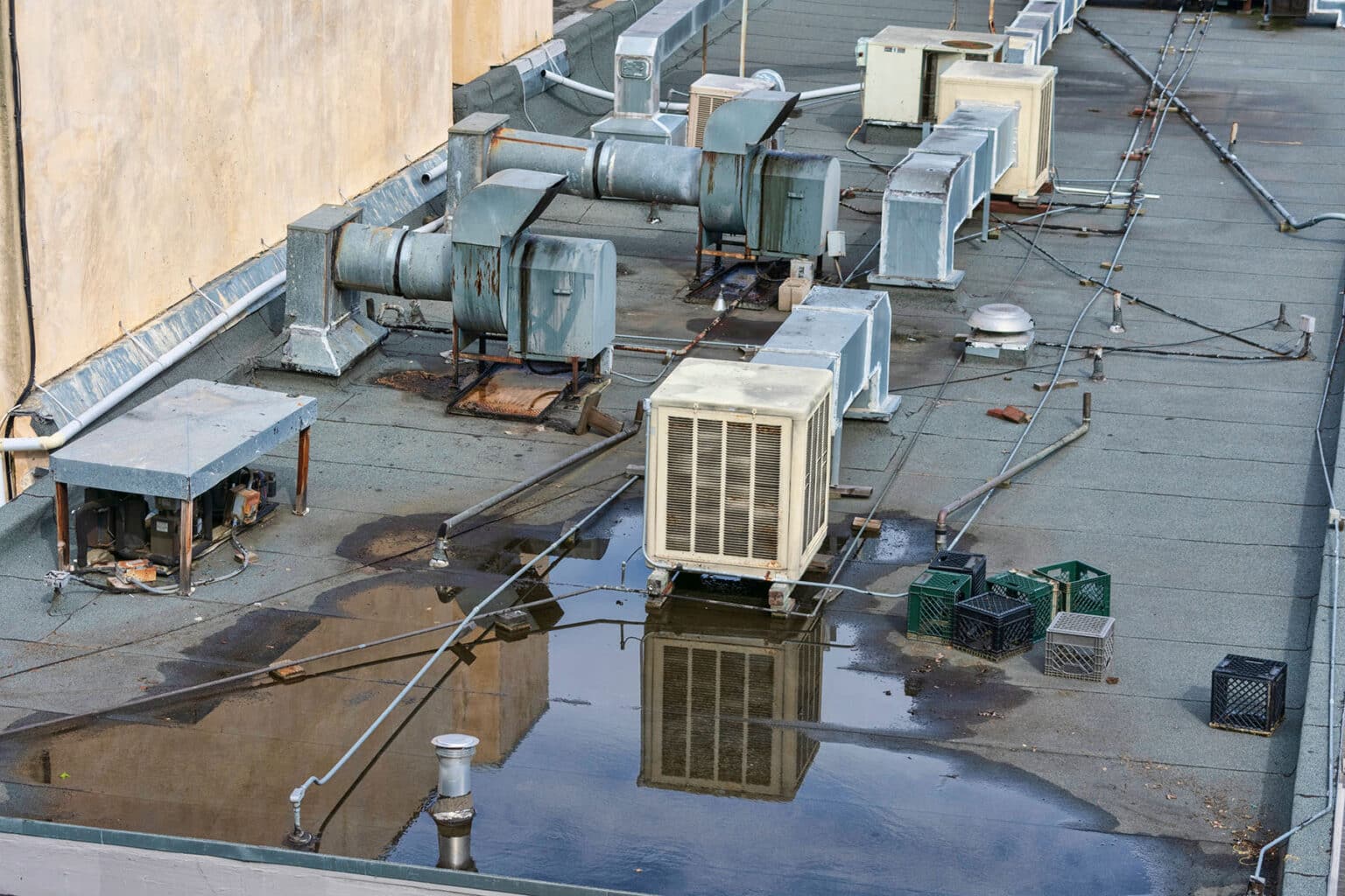 Water pooling on a flat roof.