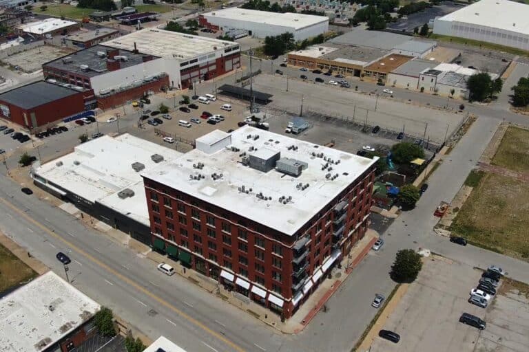 Flat roof on apartment building in St. Louis.