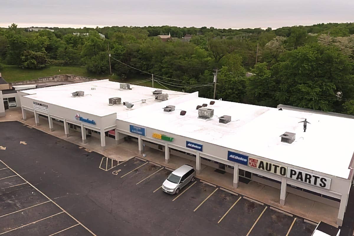 Flat Roof on Shopping Center by Meyers Construction.